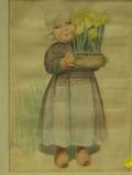 Framed Watercolor of a Dutch Girl with Yellow Tulips