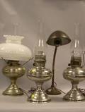 Three Rayo Nickel Plated Kerosene Table Lamps and an T P Almond Mfg Brass and Copper Desk Lamp