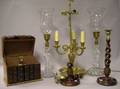 Faux Book Liqueur Box and Ice Bucket a Pair of Elm Barley Twist Candlesticks a Neoclassical Brass Table Lamp and a Pair of Colorless