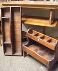 Small Trestle Table and Maple Bucket Bench and Two Country Pine Tool Carriers