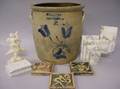 M Woodruff Cobalt Tulip Decorated Stoneware Crock Three Moravian Pottery Tiles a Pair of Marble Bookends an Alabaster Bibleform Pa