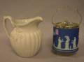 Wedgwood Silver Plate Mounted Dark Blue Jasper Biscuit Barrel and an English Salt Glazed Ceramic Jug