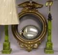 Pair of Toilestyle Decorated and Green Painted Table Lamps and a Federalstyle Giltwood Girandole Mirror