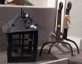 Pair of Iron Gooseneck Andirons and a Wrought Iron Hanging Lantern
