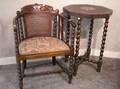 Paine Furniture Jacobeanstyle Carved Oak Table and a Maple and Birch Armchair