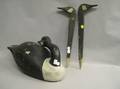 Carved and Painted Wooden Preening Canada Goose Decoy and Two Stick Decoys