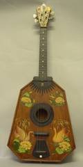 1940s Era Handmade Paint and Transfer Decorated Wooden FourString Instrument
