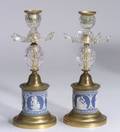 Pair of Blue Jasper Drum Base Candlesticks