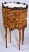 Louis XVI Style Tulipwood Parquetry Inlaid Oval Marble Top Side Table