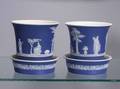 Pair of Wedgwood Dark Blue Jasper Dip Cache Pots and Undertrays