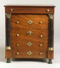 Miniature EmpireStyle Mahogany and Inlay Chest of Drawersform Decanter Set