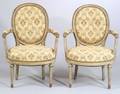 Pair of Louis XVI Style Gray Painted Faux Needlepoint Fauteuil en Cabriolet