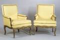 Pair of Louis XV Style Painted and Parcel Gilt Walnut Bergeres a la Reine