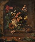 Flemish School 17th Century Style Still Life of Flowers and a Birds Nest in a Stone Alcove