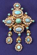 Antique 18kt Gold Turquoise and Seed Pearl Brooch