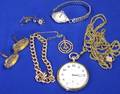 Mans Waltham Gold Openface Pocket Watch and Chain Womans 14kt White Gold Wristwatch Gold Bracelet Cufflinks Charm and Pair of Pas