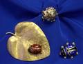 Two Gold and Enamel Ladybug Pins and Ring with Gemstone Accents