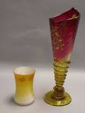 Victorian Gilt Floral Enamel Decorated Amberina Glass Vase and a Cased Satin Glass Cup