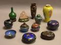Eight Asian Cloisonne Table Items a Carved Hardstone Buddha Two Asian Ceramic Vases and a Bronze Vase