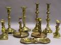 Four Pairs of Brass Candlesticks Wick Scissors and Tray and a Pair of Brass Gimbal Chambersticks