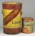 Painted Decorated Wooden International Ice Cream Barrel and an A Wing Sons Co Albany Chromolithograph Labeled Wooden Ginger Contai