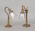 Two brass table lamps with etched glass shades