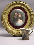 Framed Oval Handpainted Portrait Plaque and Royal Bayreuth Peasant Musicians Porcelain Creamer