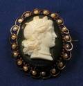 Antique 18kt Gold Onyx Chalcedony and Seed Pearl Cameo Brooch