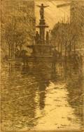 Lot of Three Etchings Edward Timothy Hurley American 18691950 Fountain Square on a Rainy Day