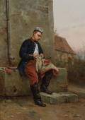 Etienne Prosper BerneBellecour French 18381910 Mending His Uniform