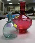 Pale Aqua Blown Glass Chestnut Bottle and an Etched Ruby Glass Presentation Vase