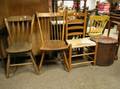 Three Early Side Chairs a Wooden Barrel Splint Storage Box Burl Bin and a Copper Boiler