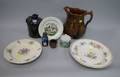Four Pieces of Staffordshire Redware Jug and Salt Rockingham Pitcher and an Art Pottery Shaker