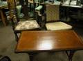 Maple Armchair a Heywood Wakefield Wicker Armchair and a Regencystyle Leather Inset Mahogany Coffee Table
