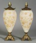 Large Pair of Metal Mounted Enamel Floral Decorated Satin Glass Table Lamps