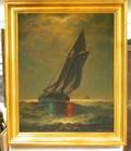 Framed Oil Moonlight Sailing Scene