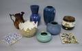 Two Art Pottery Tiles Four Vases a Copper Lustre Pitcher and a Denby Jar