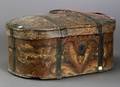 Small Northern European Paint Decorated and Iron Bound Trunk ovoid with iron straps to sides of hinged lid and running vertically ac