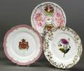 Five Continental Porcelain Plates comprising a pair of Paris porcelain plates with pink border enamel decorated to center with coat o