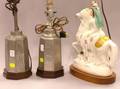 Pair of Pewter Tea Canister Table Lamps and Staffordshire Figure