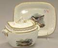 English Handpainted Bird and Gilt Decorated Porcelain Covered Sugar Bowl and Teapot Undertray