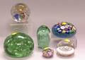 Six Glass Millefiore and Trapped Bubble Paperweights