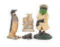 Four cast iron animal doorstops to include frog in jacket
