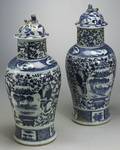 Pair of Blue and White Vases with Covers