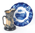 Flow blue plate depicting the Founders of Our Republic