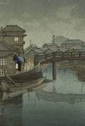 Hasui A Fishing Village with Canal and Bridge in Rain