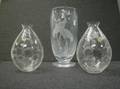 Three Etched Colorless Glass Vases