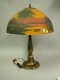 Jefferson Scenic Landscape at Sunset Reverse Painted Glass and Painted Cast Iron Table Lamp