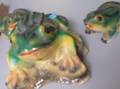Set of Three Painted Plaster Frogs and Three Framed Prints