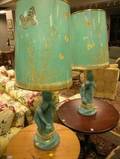 Pair of Van Briggle Pottery Turquoise Glazed Rebecca at the Well Figural Table Lamps